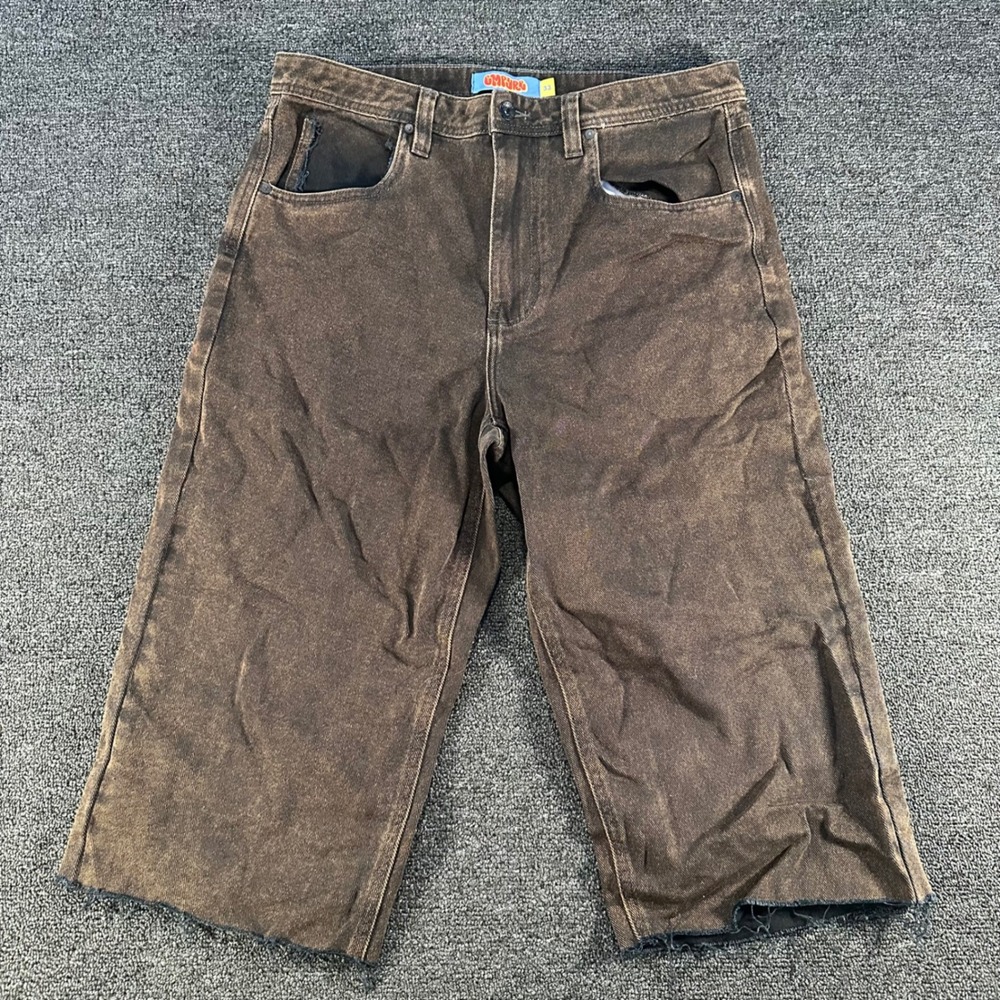 Empyre Denim Shorts Mens 33 Brown Good Relaxed Fit Acid Wash Raw Hem Skater